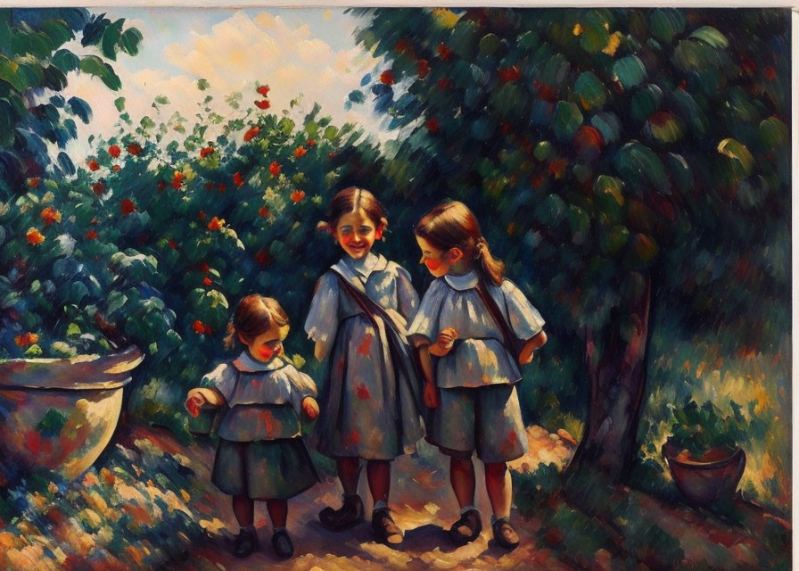 Three Girls in Matching Dresses in Sunlit Orchard with Ceramic Bowl