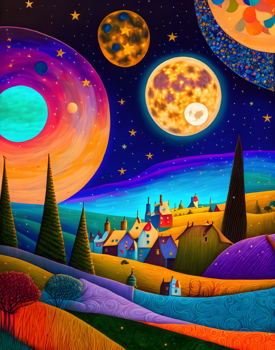 Colorful houses, rolling hills, and stylized planets in whimsical landscape