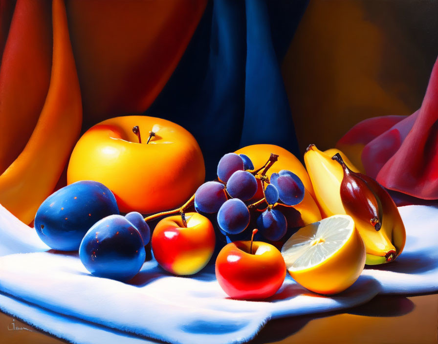 Vibrant still life painting with assorted fruits on draped cloth