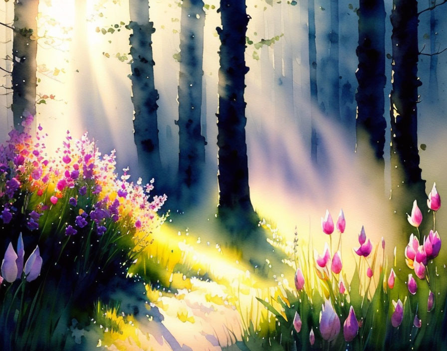 Serene forest watercolor with sunlight and wildflowers