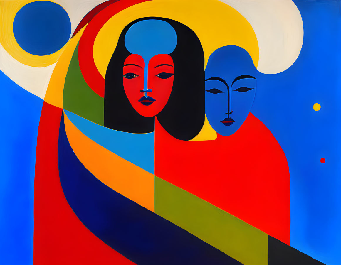 Abstract painting: Two faces in bold colors with celestial orbs