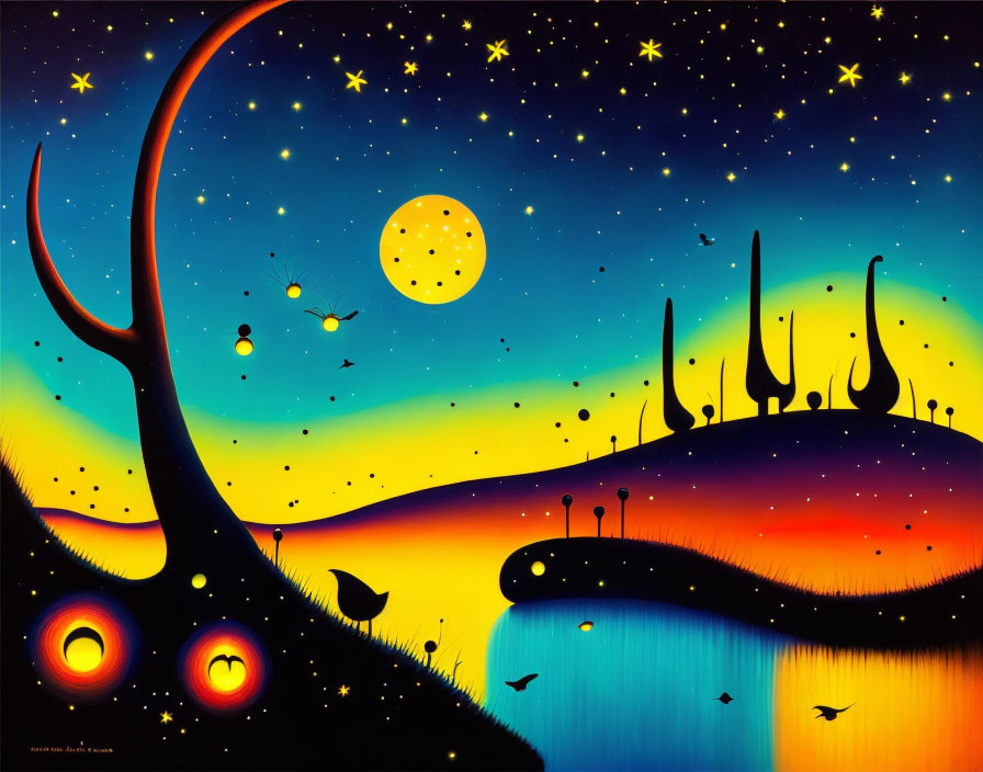 Colorful surreal landscape with starry sky, yellow moon, whimsical trees, and reflective water