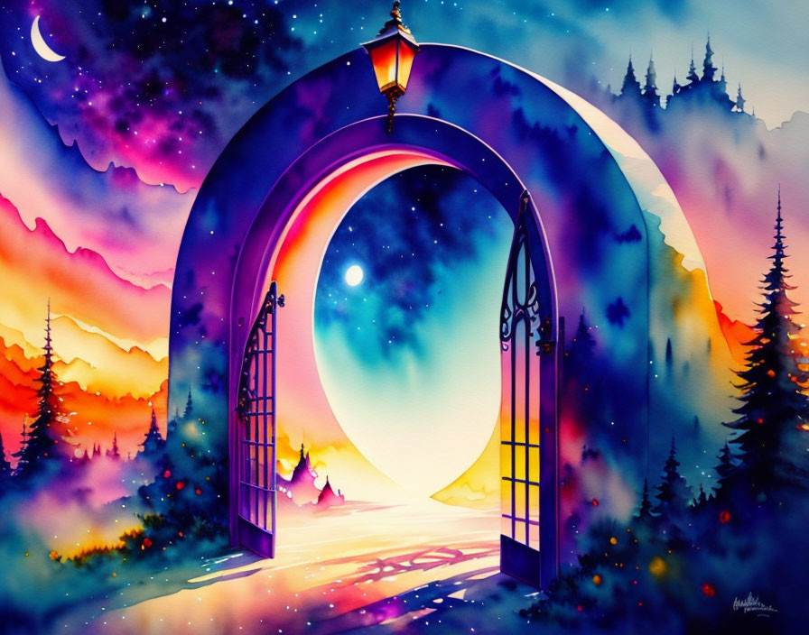 Vibrant sunset sky through ornate gate with silhouetted landscape