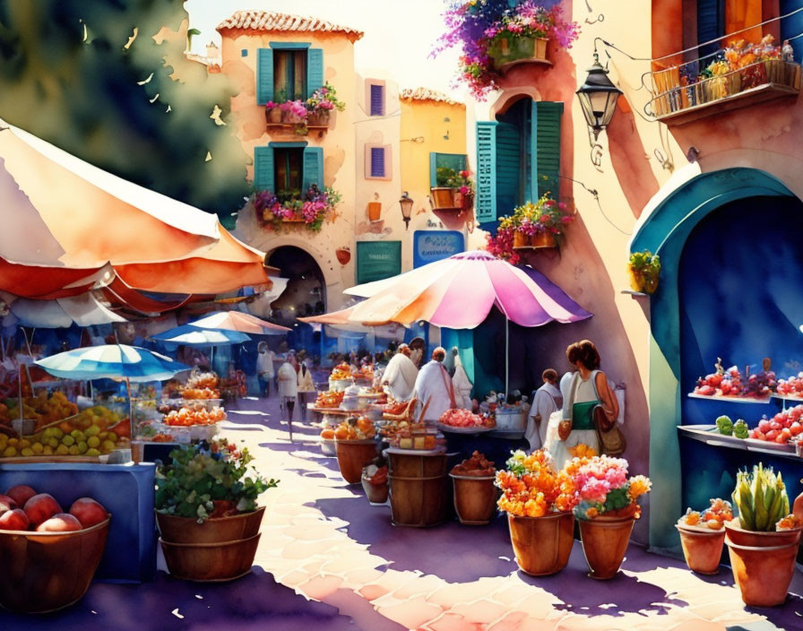 Colorful Watercolor Painting of European Market Street