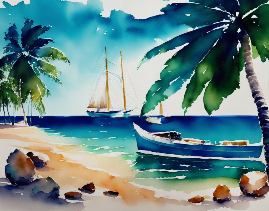 Serene Beach Watercolor Painting with Palm Tree and Sailboat