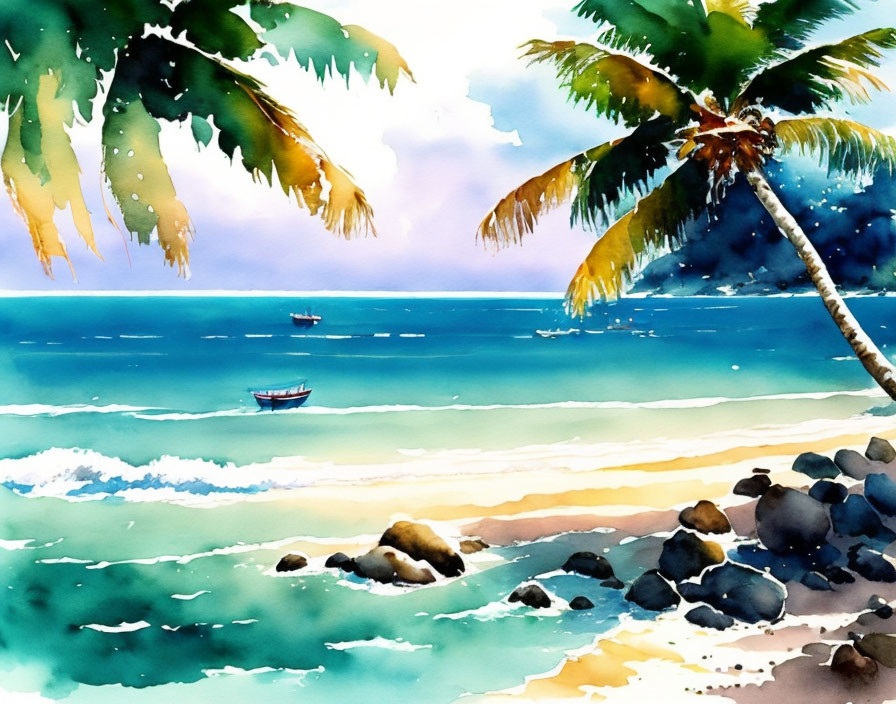 Tropical beach watercolor with palm trees and boat