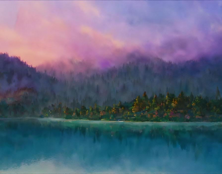 Misty forest and calm lake under purple and pink sky