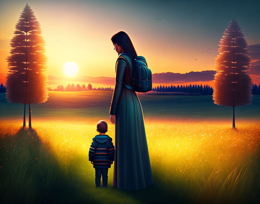 Adult and child in glowing sunset field with tall trees.