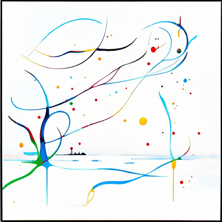 Vibrant Abstract Painting with Curvilinear Forms in Blue, Red, and Yellow