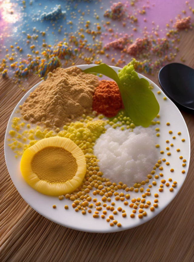 Colorful spices and ingredients on a plate with a spoon, arranged like a flower garden on a bamboo