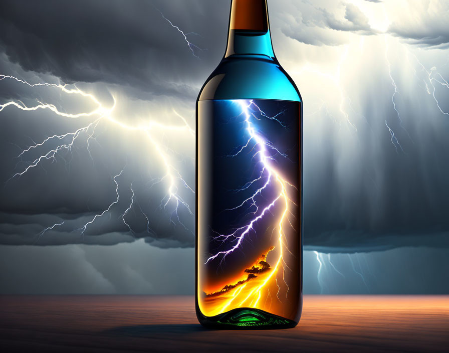 Vivid lightning storm captured in a bottle against stormy background