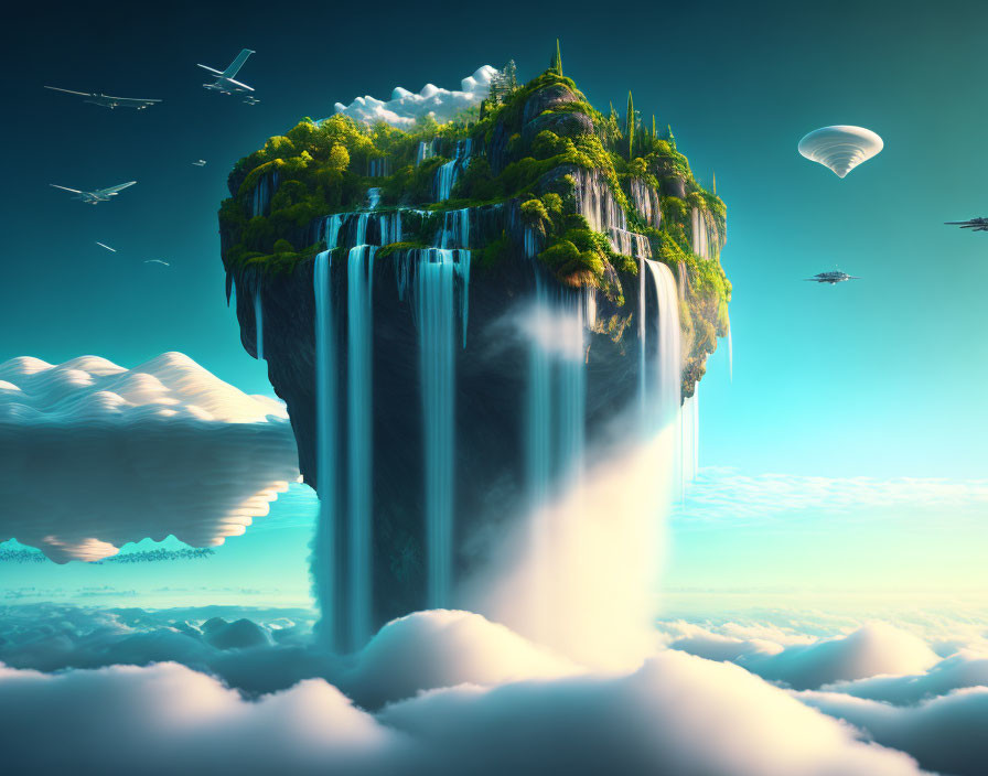 Floating Island with Greenery, Waterfalls, and Flying Vehicles