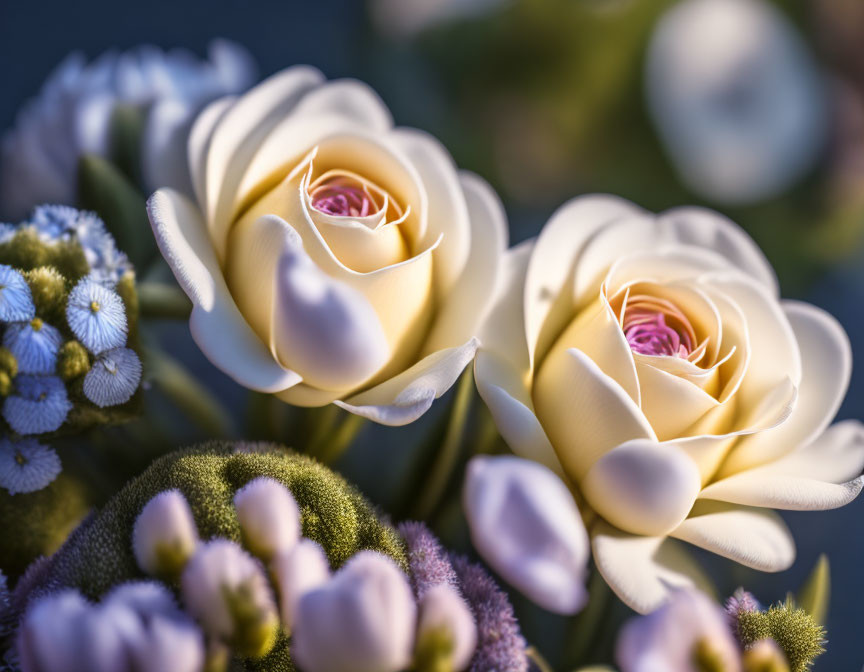 Creamy White Roses Surrounded by Green and Purple Flowers