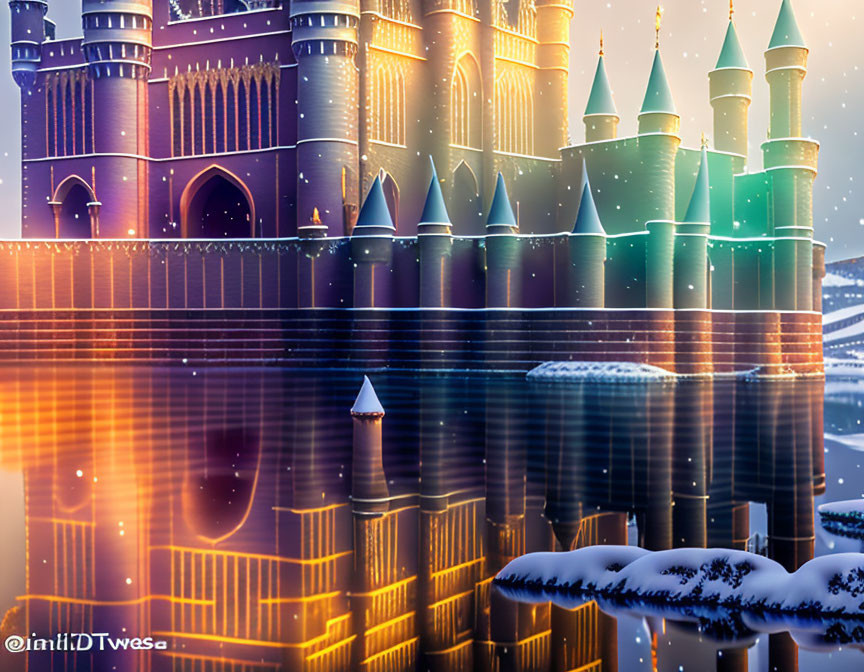 Illuminated Castle Reflects on Frozen Lake in Snowy Twilight