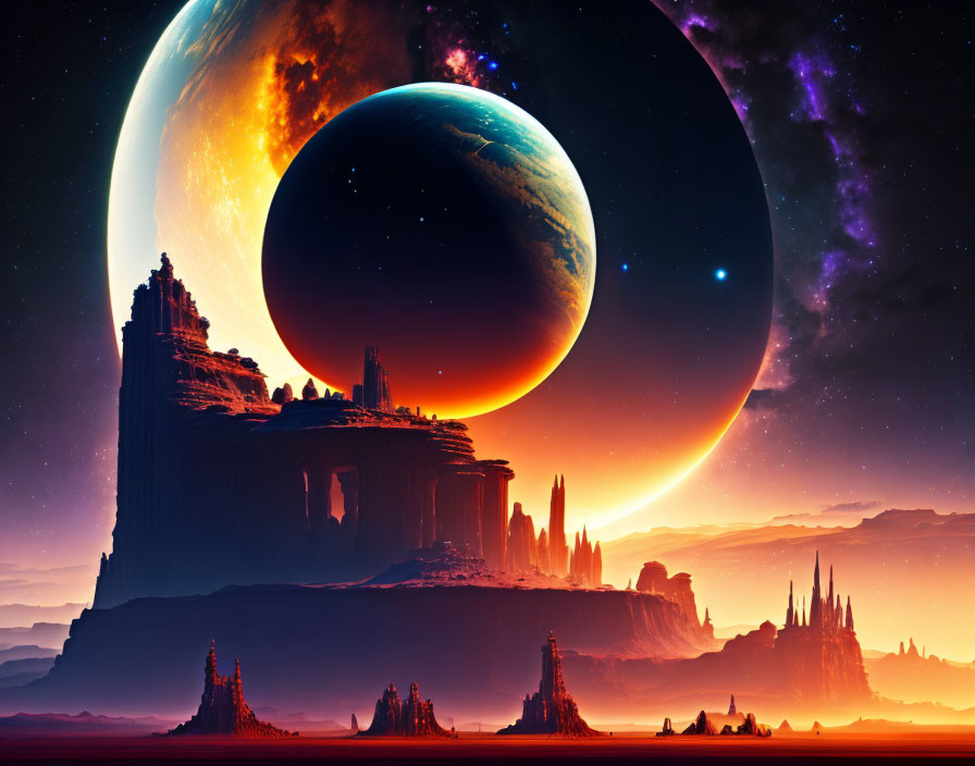 Fantastical landscape with towering rock formations and celestial bodies