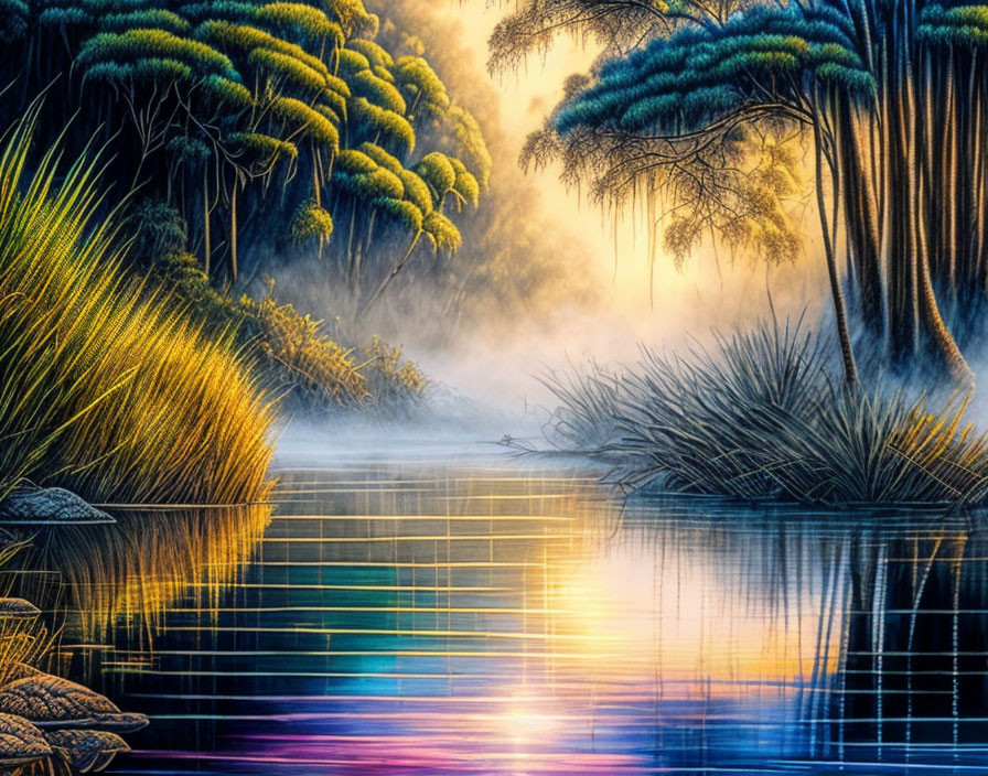 Tranquil waterside scene with vibrant trees and hazy sunrise or sunset