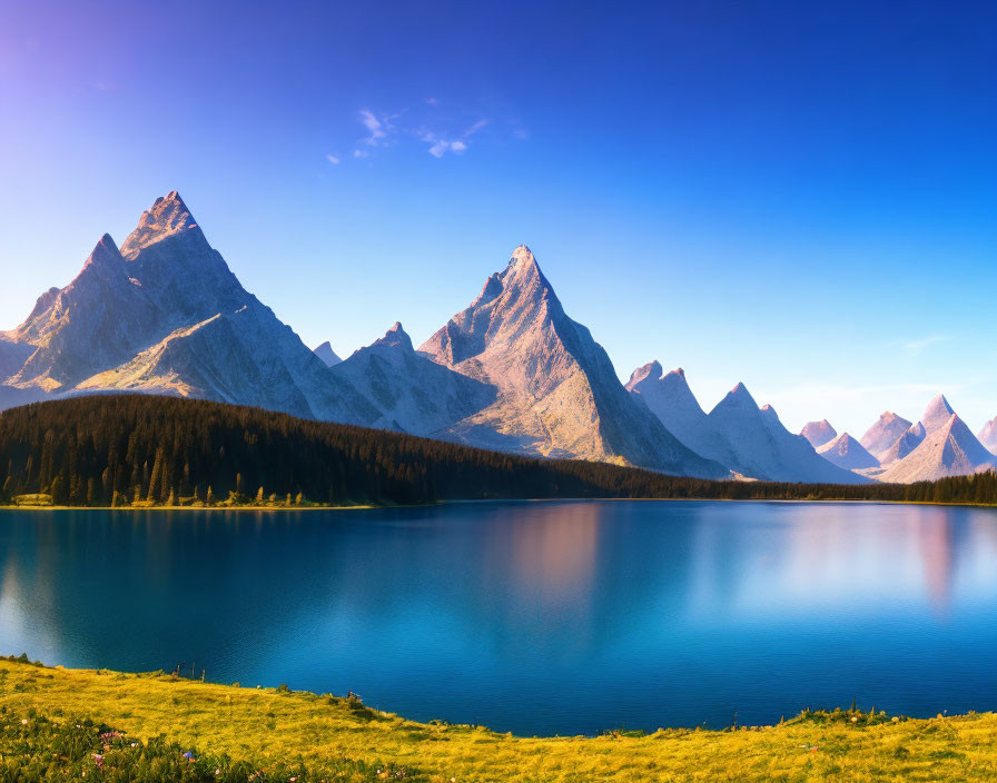 Scenic lake with mountain peaks and green shoreline