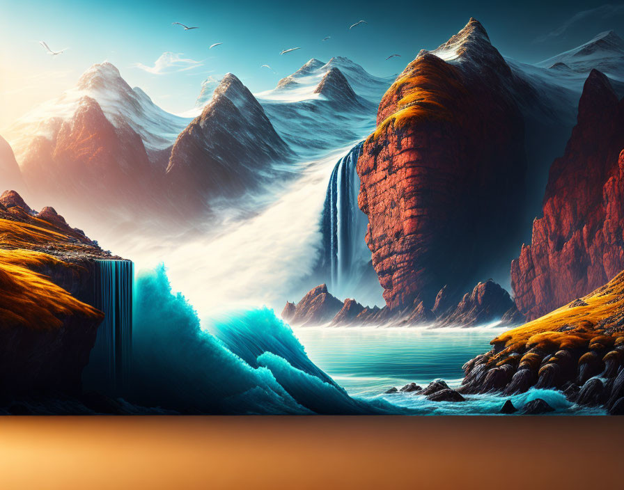 Surreal landscape with waterfall, ocean wave, red mountains under warm sky