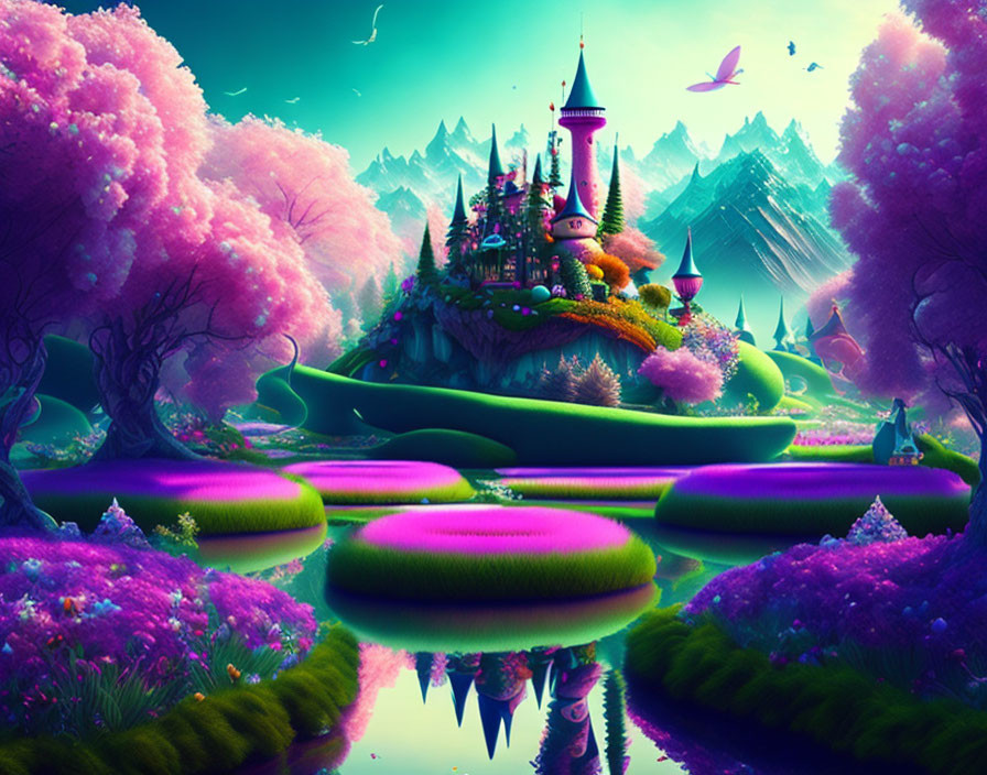 Whimsical castle in vibrant fantasy landscape