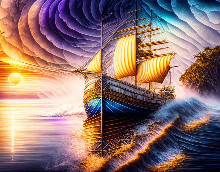 Colorful surreal artwork: sailing ship on wavy seas under a fantastical sky