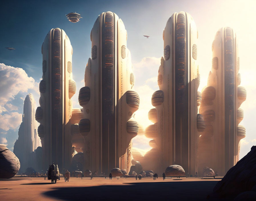 Futuristic cityscape with sleek skyscrapers and spacecraft