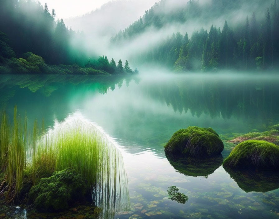 Tranquil lake scene with mist, lush forest, moss-covered rocks, and reeds