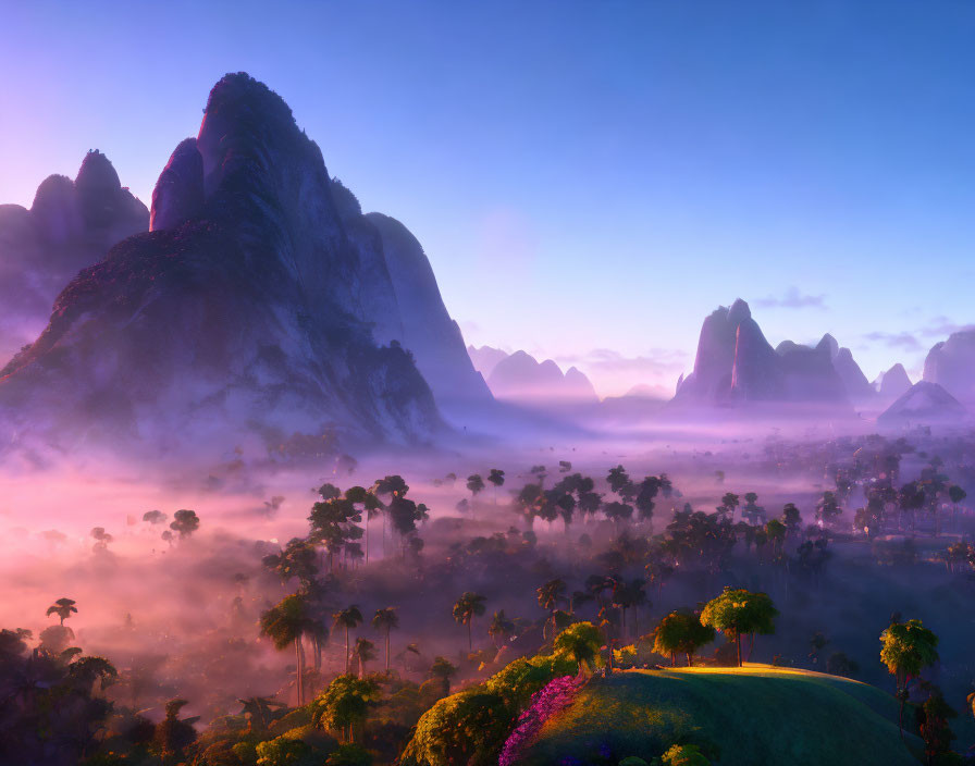 Mystical landscape with towering mountains and lush forests at sunrise