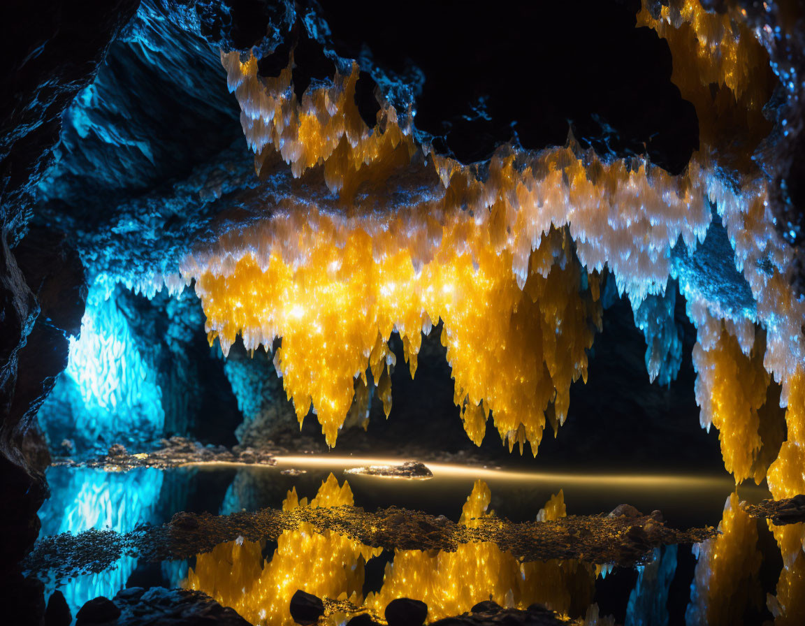 Glowing stalactites reflecting in serene cave water