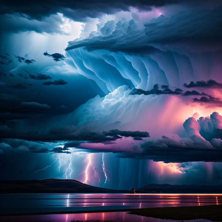 Stormy Sky Over Lake with Lightning Strikes and Blue-Purple Reflections