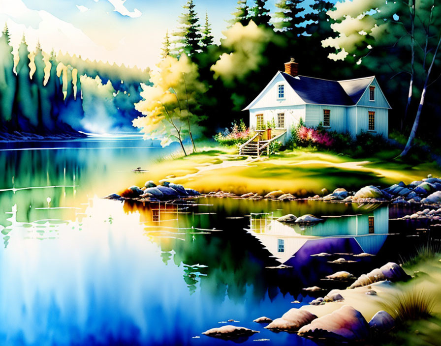 Tranquil lakeside scene with blue cottage, lush greenery, colorful flowers, and serene forest