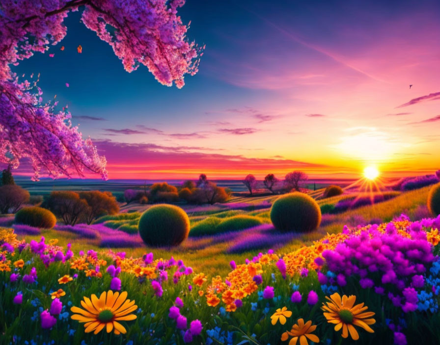 Colorful sunset with flowers, shrubs, and sea view