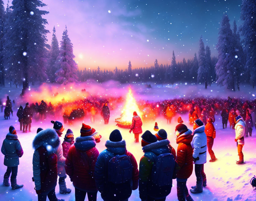 People around bonfire in snowy forest under starlit sky