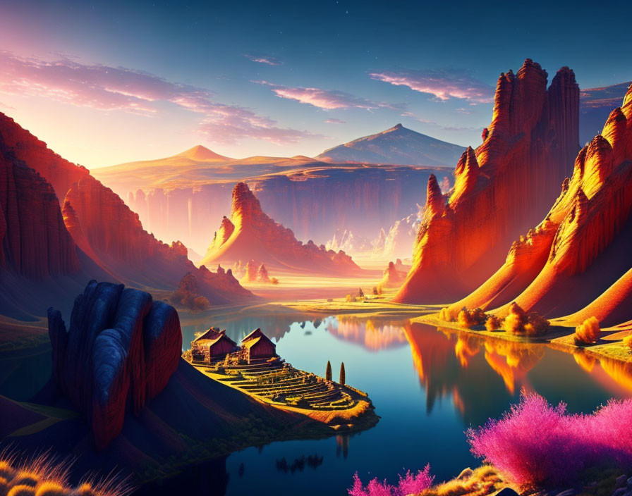 Colorful Fantasy Landscape with Red Cliffs, Lake, House, and Flora