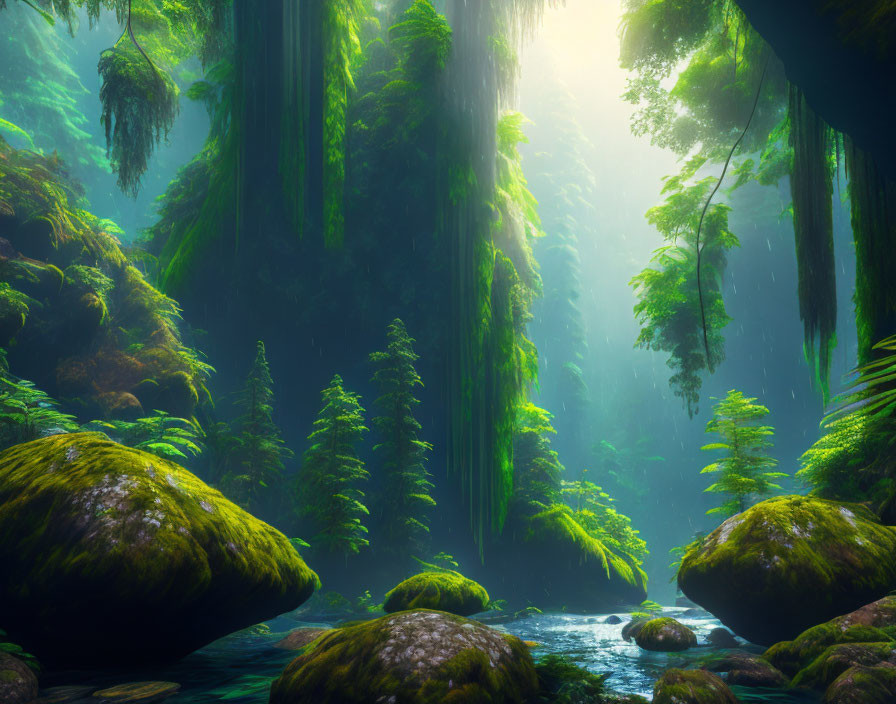 Tranquil Forest Scene: Greenery, Moss-Covered Stones, Sunbeams