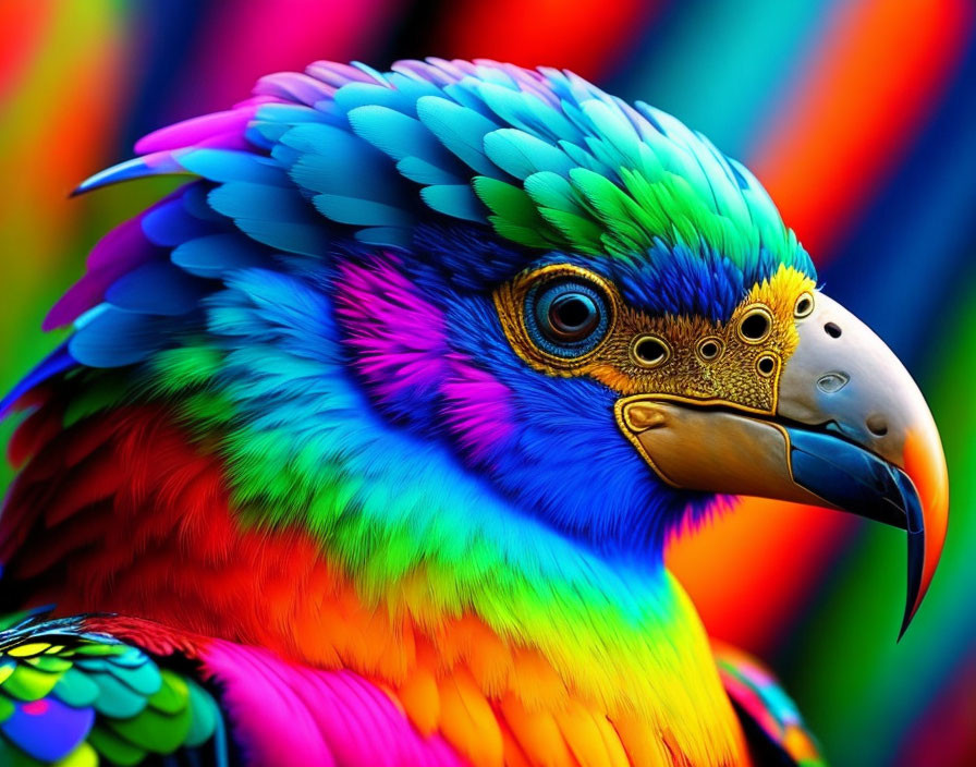 Colorful Parrot with Rainbow Plumage on Striped Background