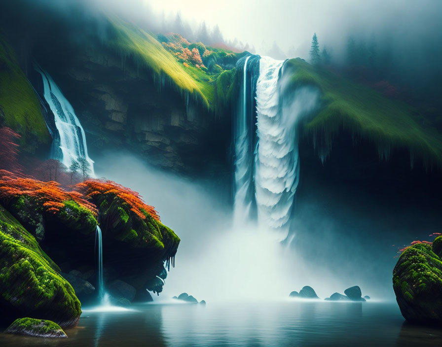 Majestic waterfall in lush greenery with mist and orange foliage