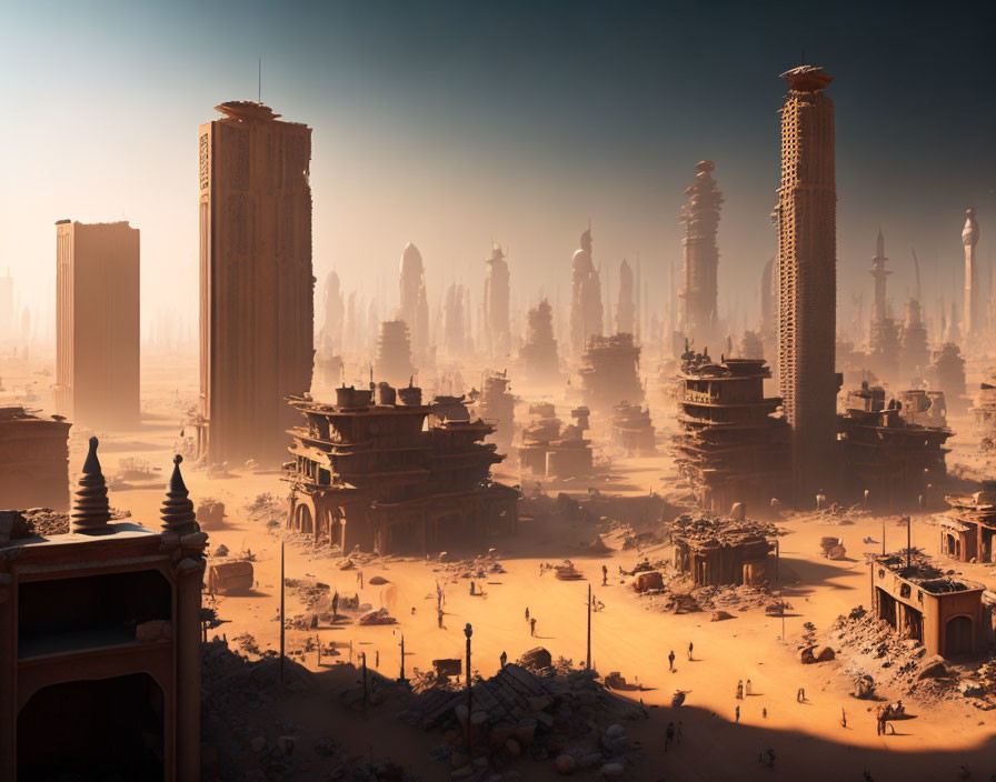 Dystopian cityscape with dilapidated skyscrapers in desert ruins