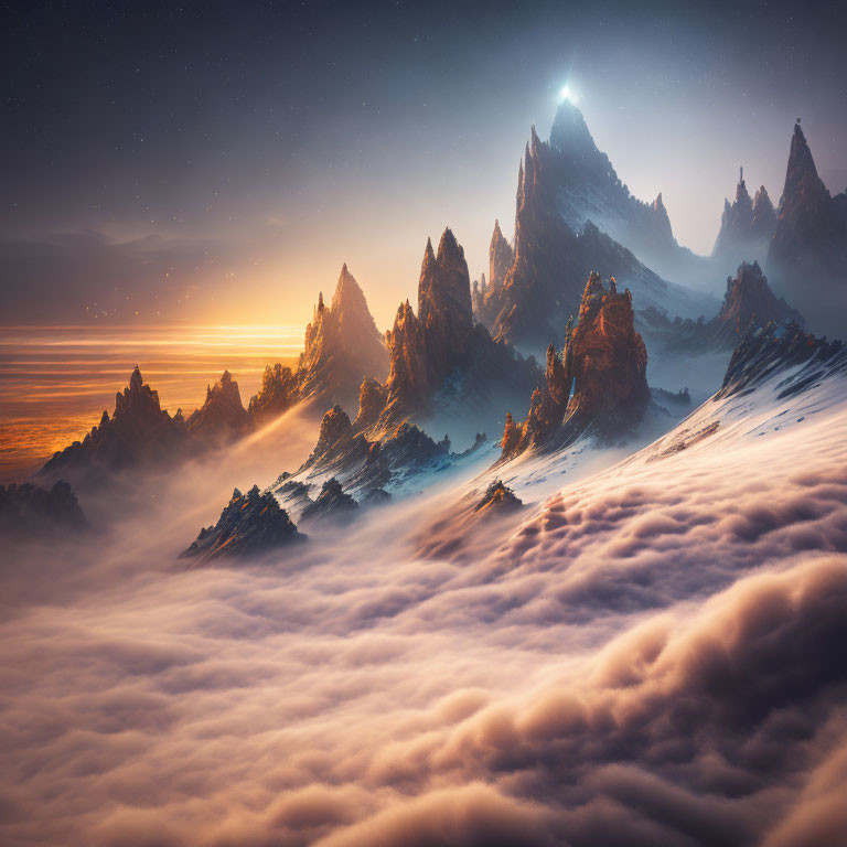 Majestic mountain landscape under starry sky and sunset glow