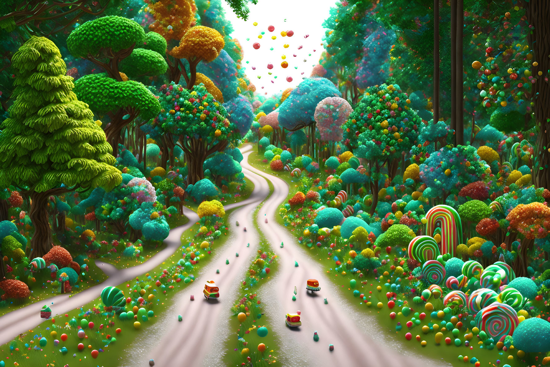 Fantasy landscape with whimsical trees and candy-like decorations