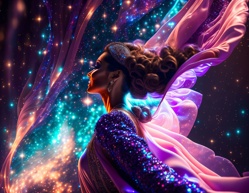 Iridescent-winged woman in sparkling dress under cosmic sky