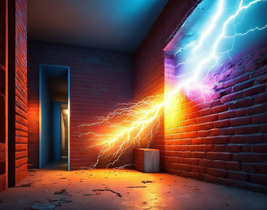 Dynamic lightning bolt illuminates brick corridor with blue-hued doorway