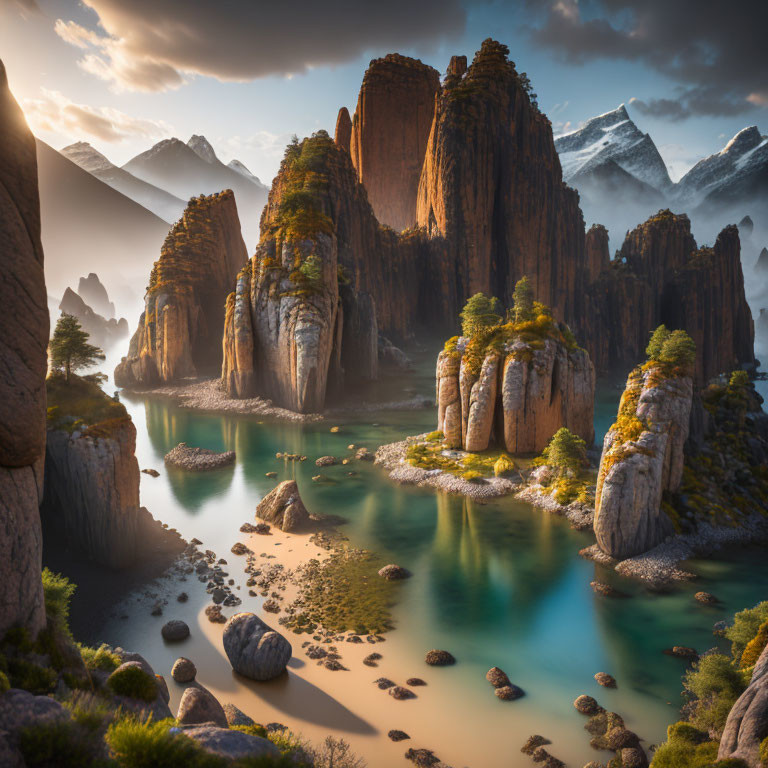 Tranquil landscape: towering rocks, turquoise river, lush greenery, snow-capped mountains