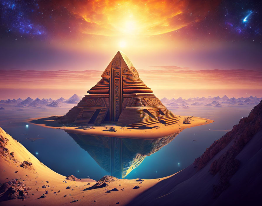 Surreal pyramid with intricate designs reflected in water under golden sky