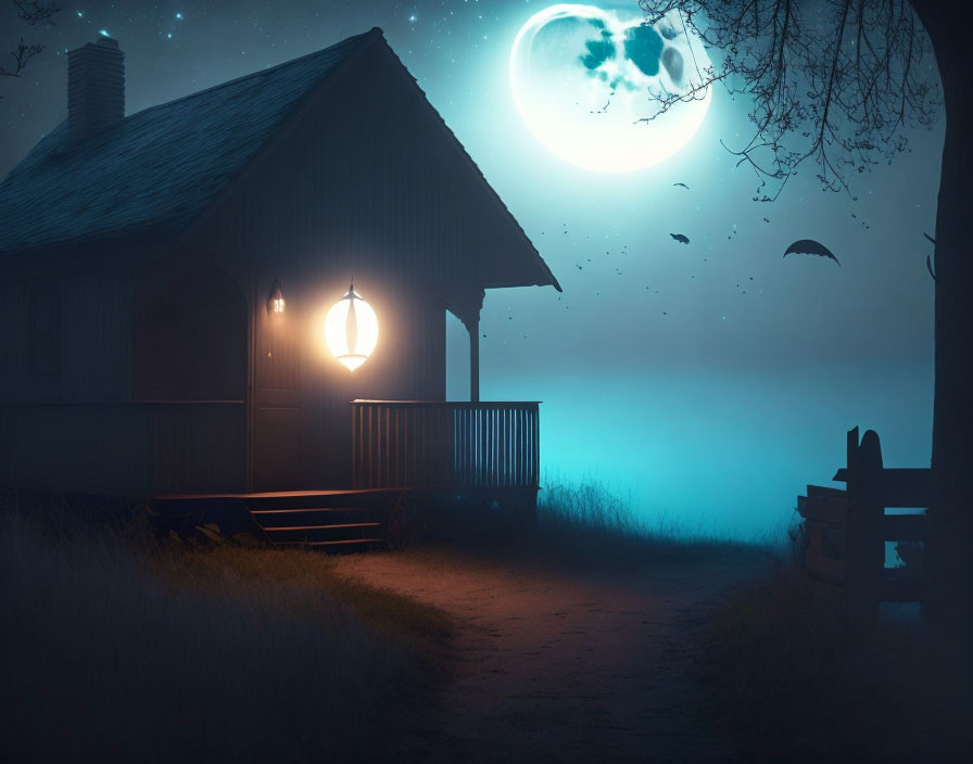 Full Moon Night: Misty Scene with Silhouetted Birds, Glowing Lantern, and Wooden