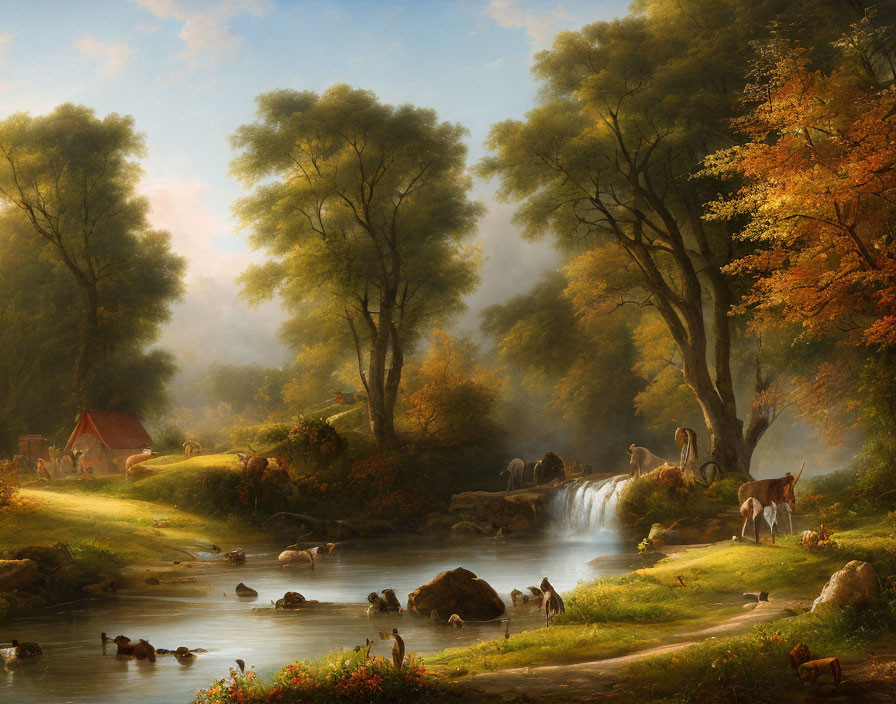 Tranquil landscape with waterfall, grazing livestock, ducks, cabin, and autumn trees