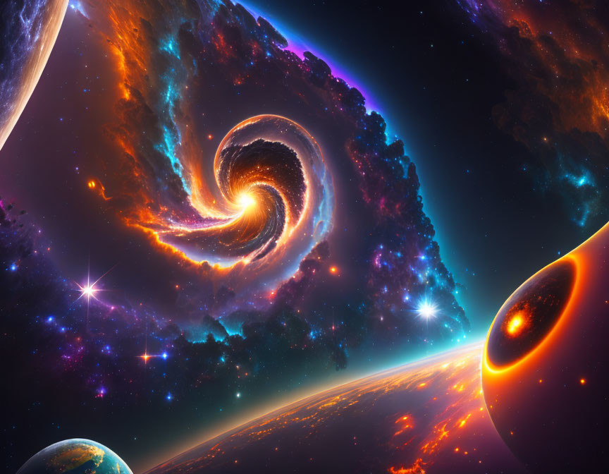 Colorful digital artwork: Swirling galaxy with stars, nebulae, planets in deep space