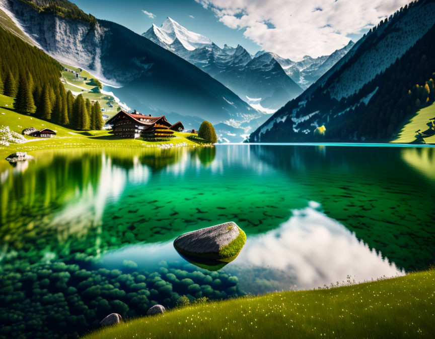 Tranquil mountain lake with rock, chalets, and forest reflection