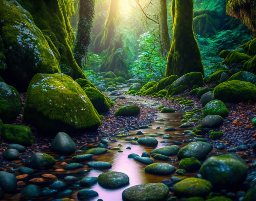 Sunlit stream flowing through serene forest scene