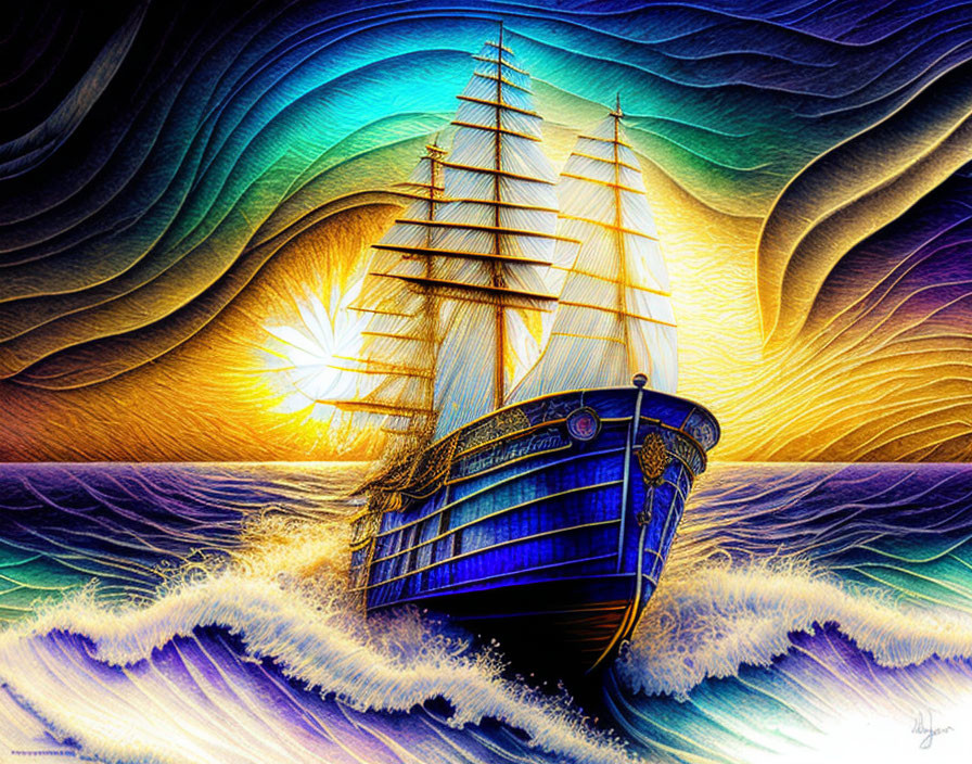 Colorful Tall Ship Sailing on Turbulent Ocean Waves