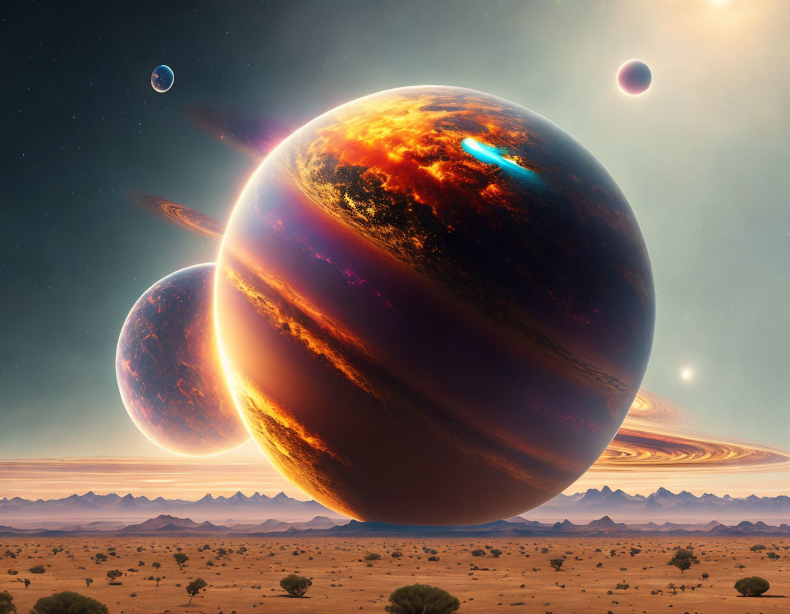 Surreal desert landscape with giant fiery planet & cosmic sky